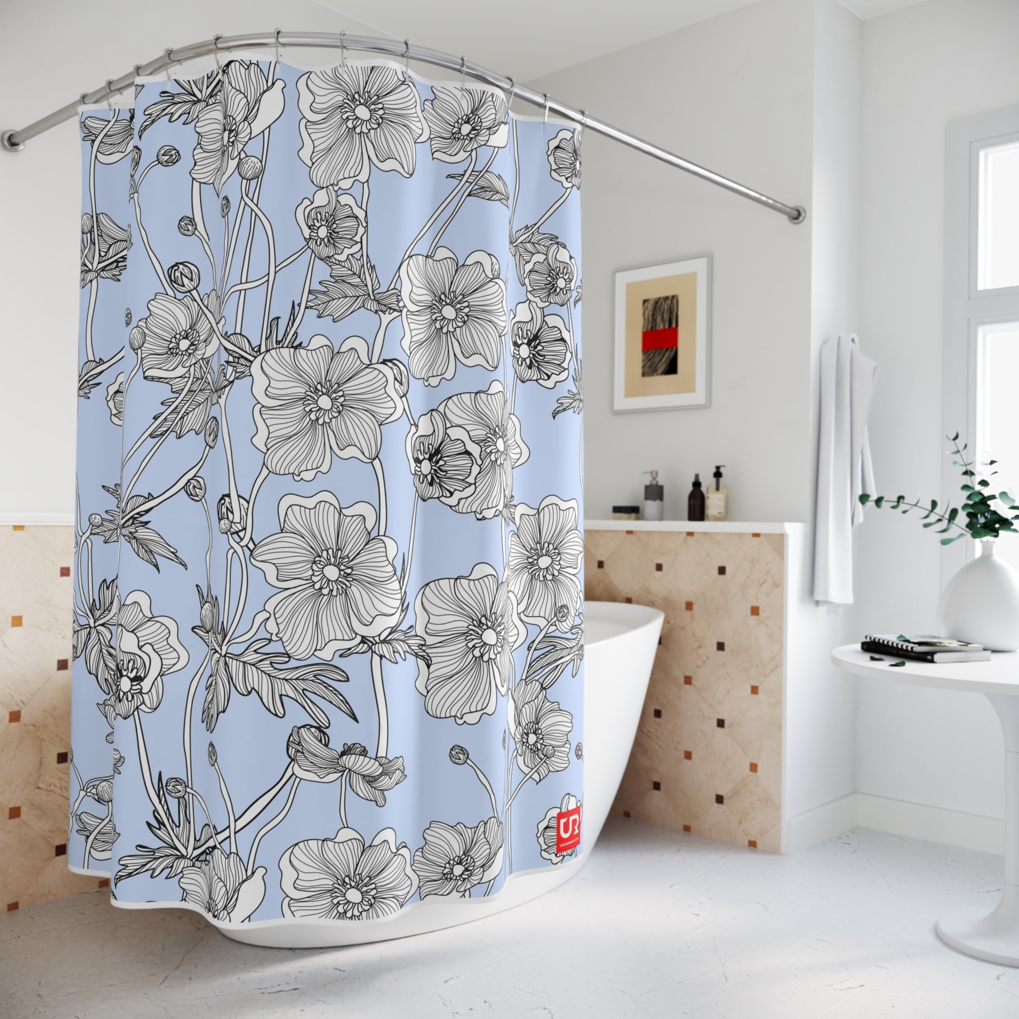 BLUE FLORAL POLYESTER SHOWER CURTAIN - UGO ROMANO URSC008