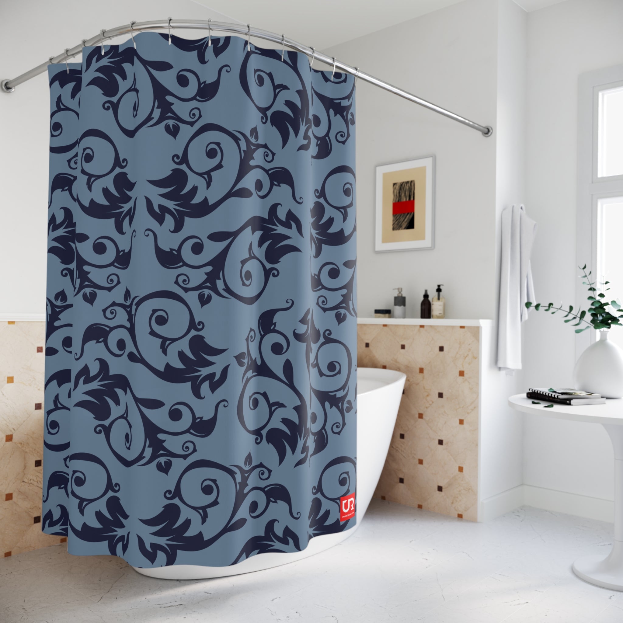 BLUE ORNAMENT POLYESTER SHOWER CURTAIN - UGO ROMANO URSC033