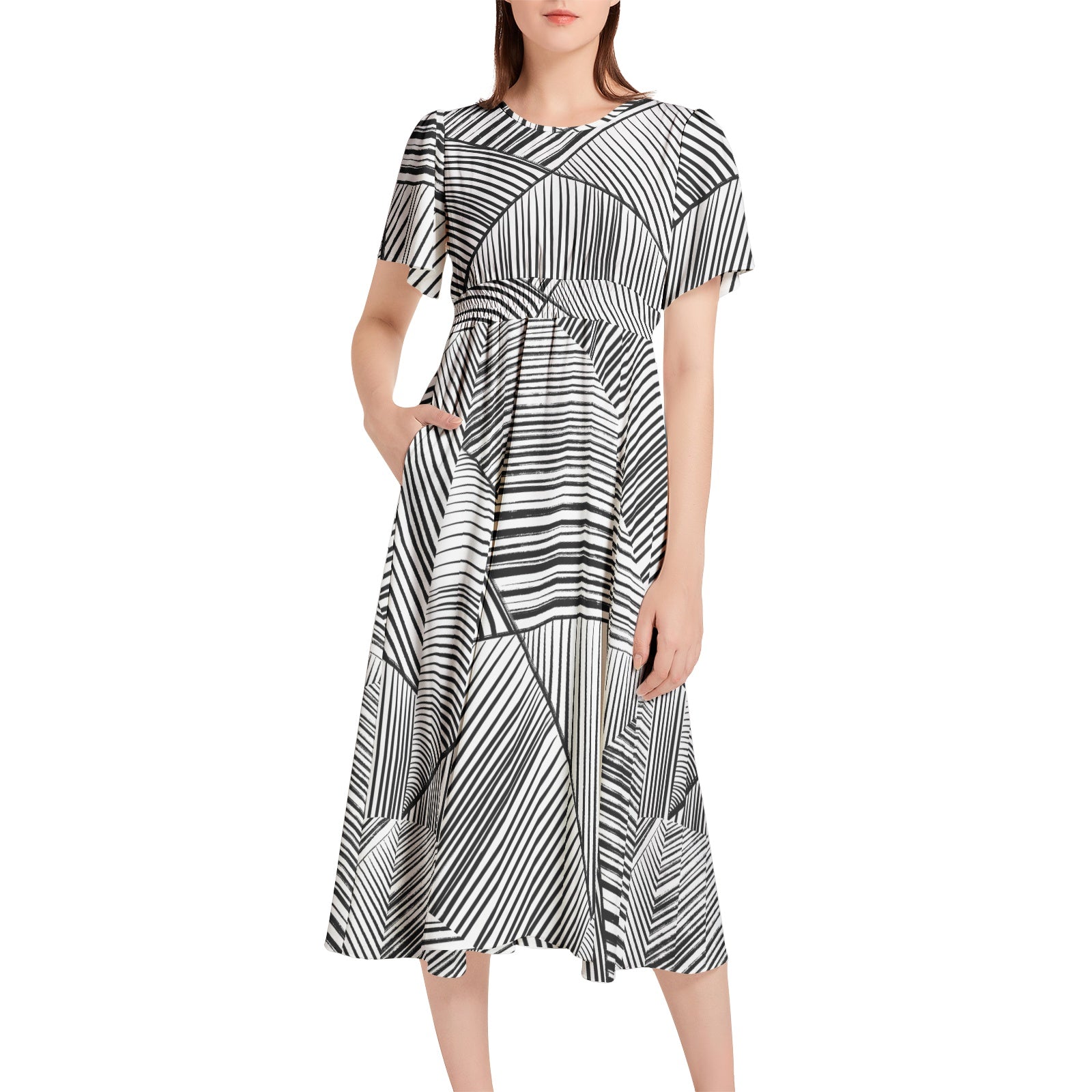 Short Sleeve Shirred Waist Midi Dress - UGO ROMANO URWDS043