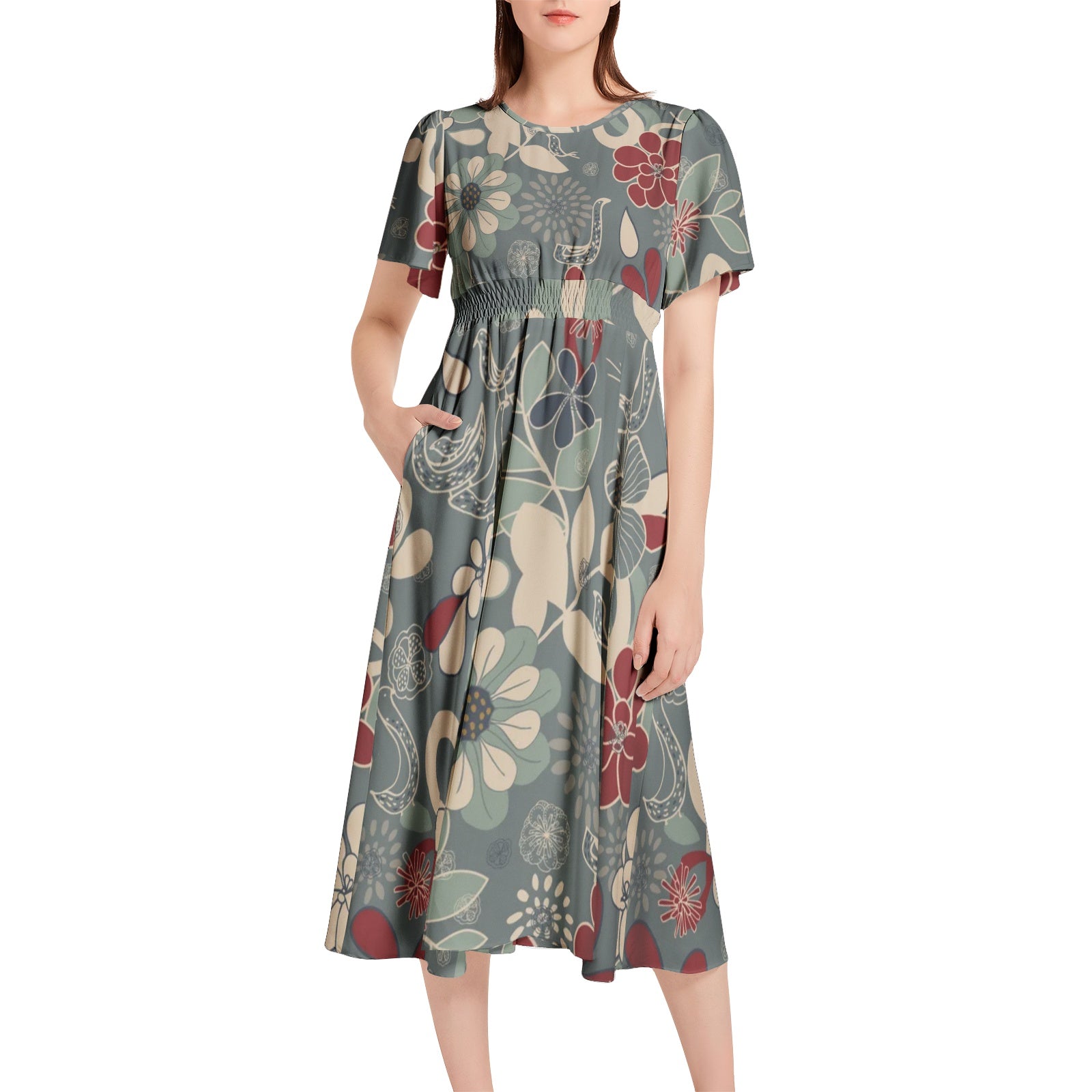 Short Sleeve Shirred Waist Midi Dress - UGO ROMANO URWDS030