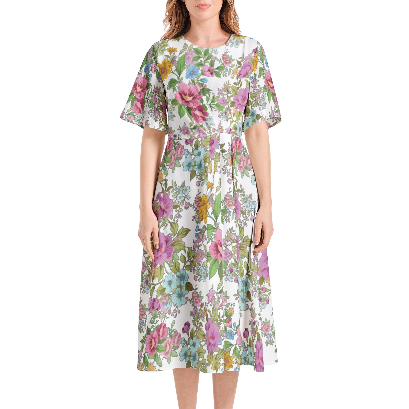 Short Sleeve Waist Folding Midi Dress - UGO ROMANO URWDS015