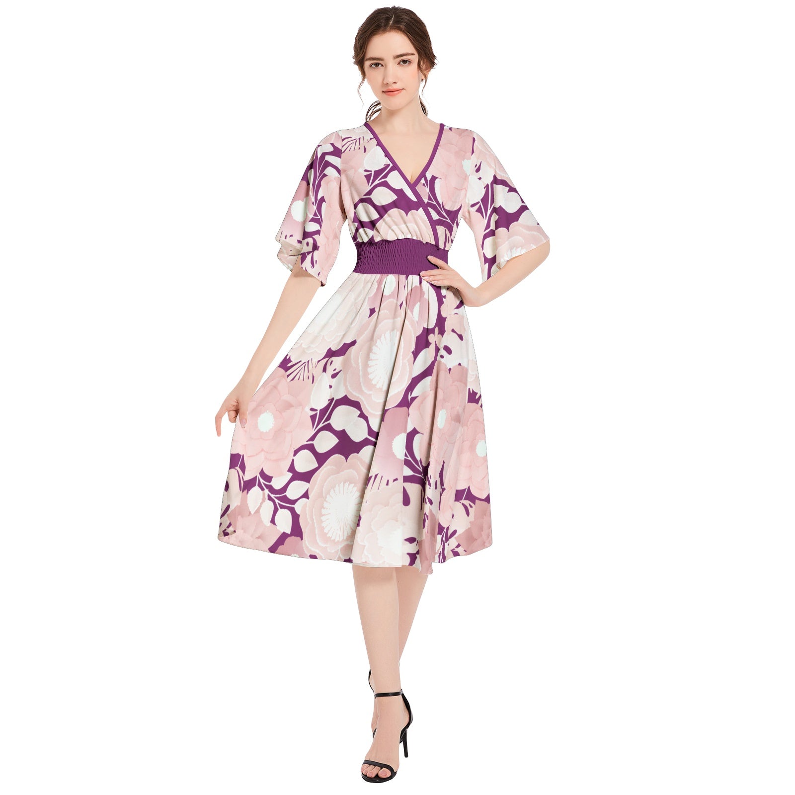 Butterfly Sleeve Shirred High Waist A Line Midi Dress - UGO ROMANO URWDS029