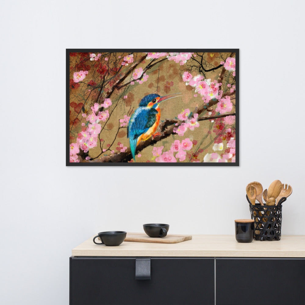 BLUE BIRD ON A BLOSSOM BRANCHES WATERCOLOR FRAMED POSTER MATTE PAPER - FEED UR CLOSET FW001 - feedurcloset