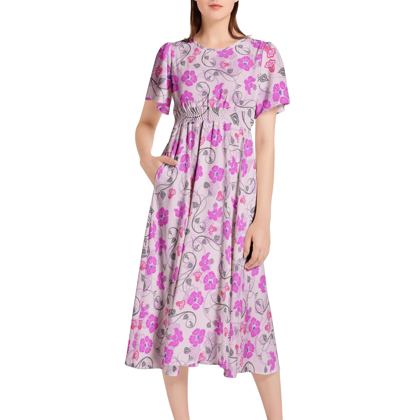 Short Sleeve Shirred Waist Midi Dress - UGO ROMANO URWDS010